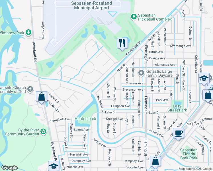 map of restaurants, bars, coffee shops, grocery stores, and more near 386 Main Street in Sebastian