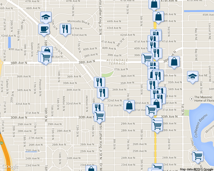 map of restaurants, bars, coffee shops, grocery stores, and more near 852 35th Avenue North in St. Petersburg