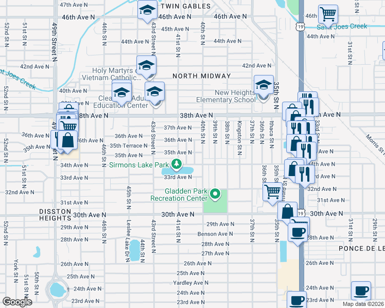 map of restaurants, bars, coffee shops, grocery stores, and more near 3488 40th Way North in St. Petersburg