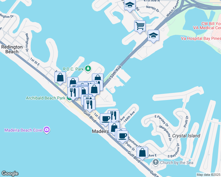 map of restaurants, bars, coffee shops, grocery stores, and more near 425 150th Avenue in Madeira Beach