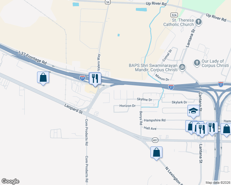 map of restaurants, bars, coffee shops, grocery stores, and more near 938 Idlewild Place in Corpus Christi