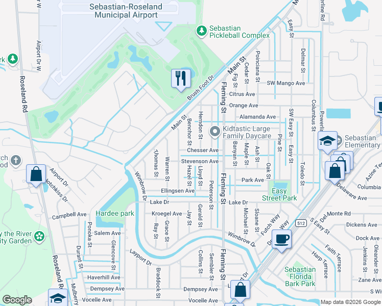 map of restaurants, bars, coffee shops, grocery stores, and more near 398 Herndon Street in Sebastian