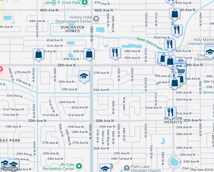map of restaurants, bars, coffee shops, grocery stores, and more near 5637 35th Avenue North in St. Petersburg
