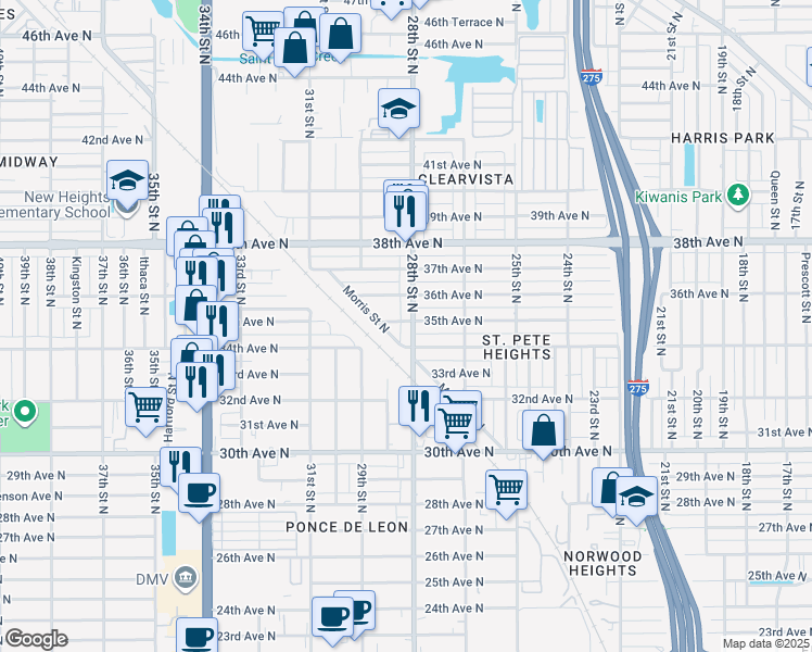 map of restaurants, bars, coffee shops, grocery stores, and more near 2725 35th Avenue North in St. Petersburg