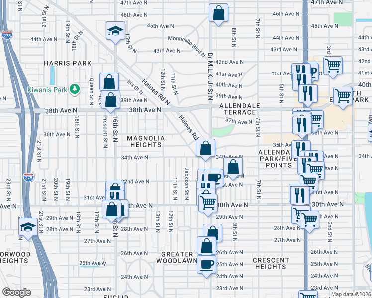 map of restaurants, bars, coffee shops, grocery stores, and more near 3459 Iris Street North in St. Petersburg