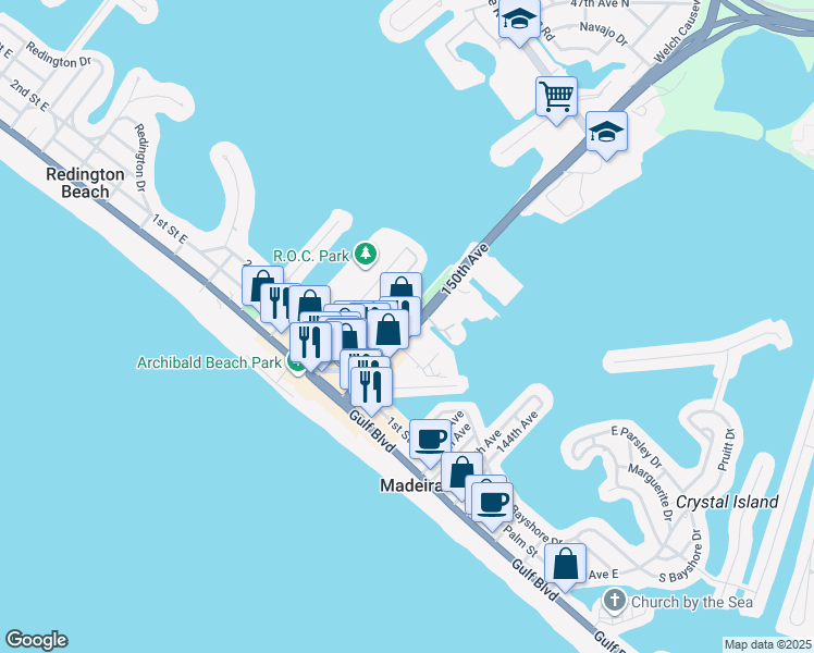 map of restaurants, bars, coffee shops, grocery stores, and more near 410 150th Avenue in Madeira Beach