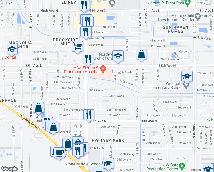 map of restaurants, bars, coffee shops, grocery stores, and more near 6456 34th Terrace North in Saint Petersburg