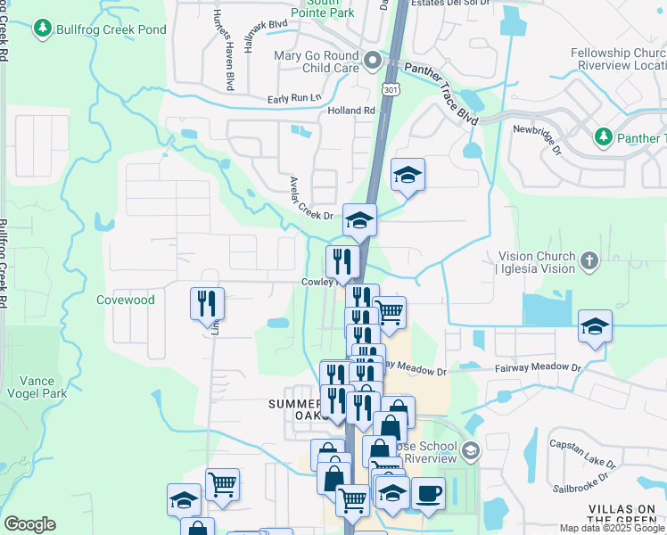 map of restaurants, bars, coffee shops, grocery stores, and more near 12804 Belvedere Song Way in Riverview