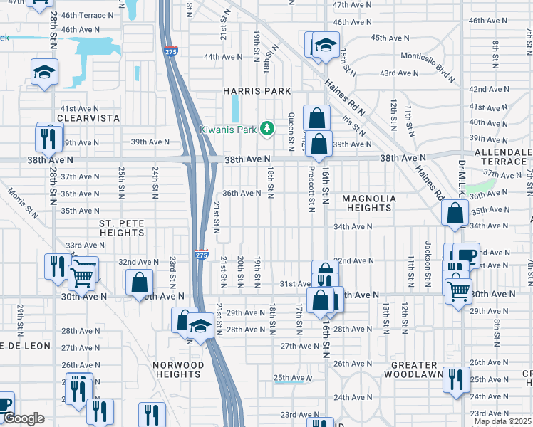 map of restaurants, bars, coffee shops, grocery stores, and more near 3440 18th Street North in St. Petersburg