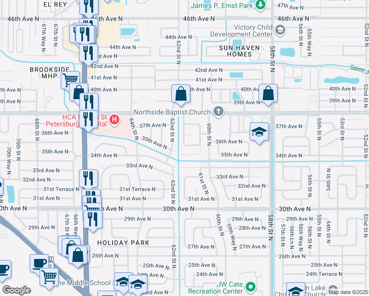 map of restaurants, bars, coffee shops, grocery stores, and more near 3541 62nd Street North in St. Petersburg