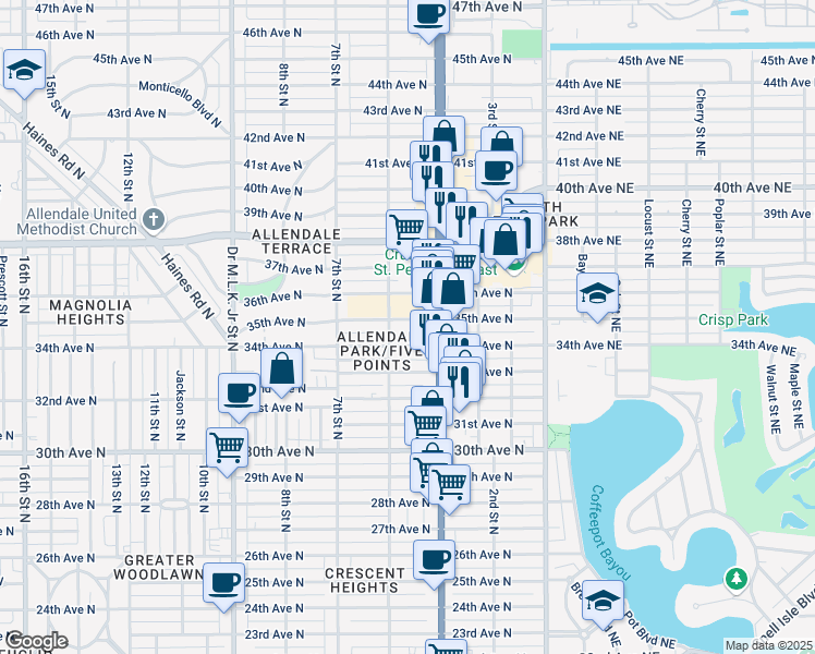 map of restaurants, bars, coffee shops, grocery stores, and more near 445 35th Avenue North in St. Petersburg