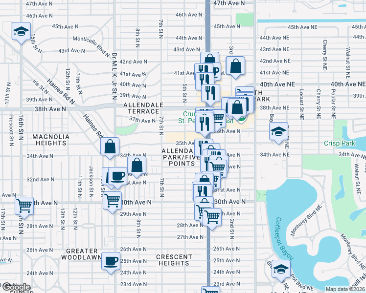 map of restaurants, bars, coffee shops, grocery stores, and more near 509 35th Avenue North in St. Petersburg