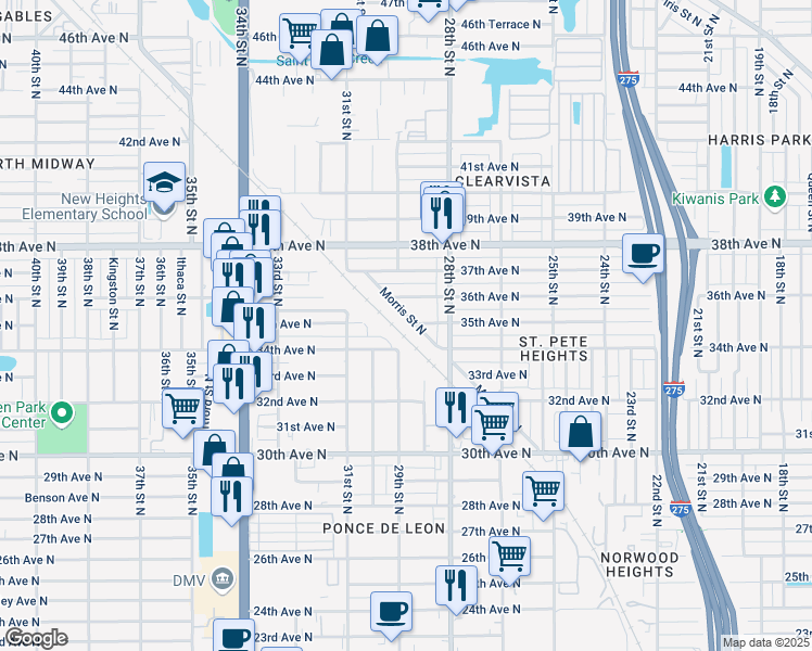 map of restaurants, bars, coffee shops, grocery stores, and more near 2853 35th Avenue North in St. Petersburg