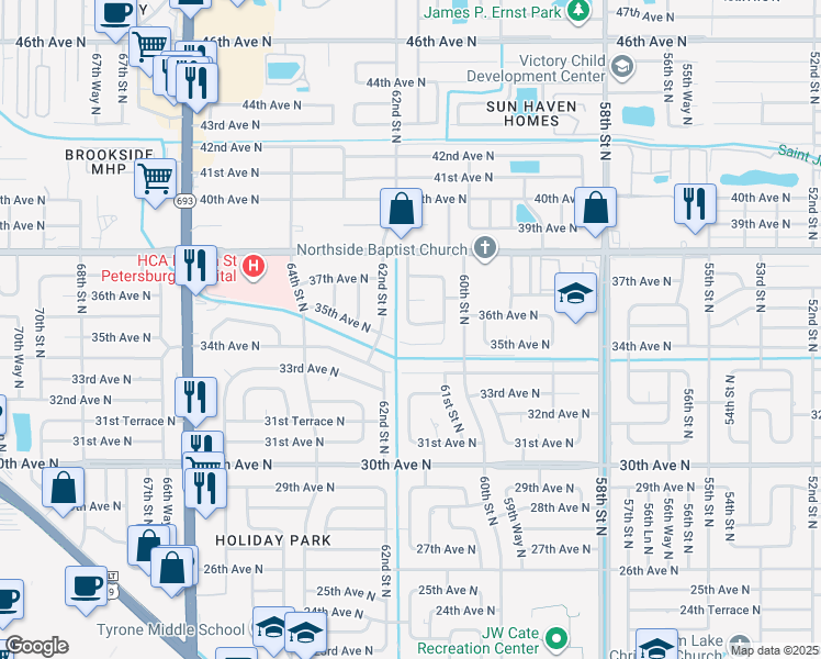 map of restaurants, bars, coffee shops, grocery stores, and more near 3541 62nd Street North in St. Petersburg