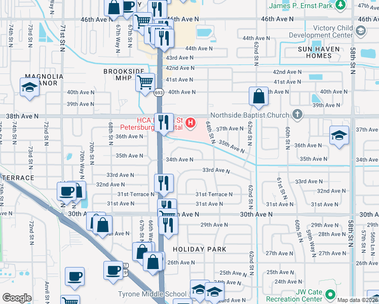map of restaurants, bars, coffee shops, grocery stores, and more near 6514 34th Terrace North in St. Petersburg
