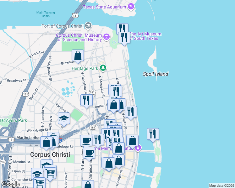 map of restaurants, bars, coffee shops, grocery stores, and more near 1305 North Water Street in Corpus Christi