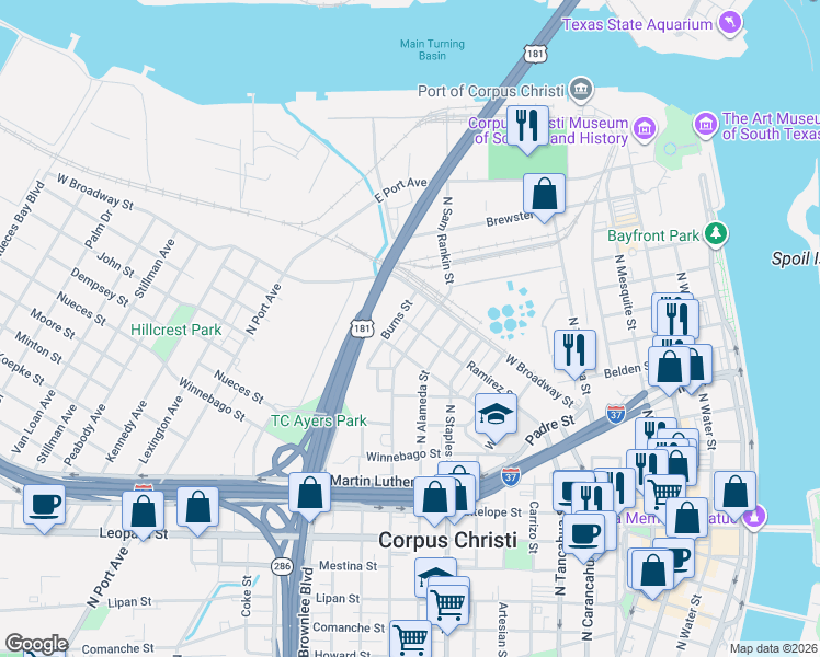 map of restaurants, bars, coffee shops, grocery stores, and more near 1513 Sam Rankin Street in Corpus Christi