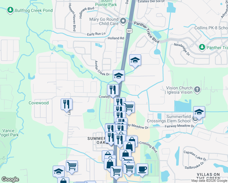 map of restaurants, bars, coffee shops, grocery stores, and more near 12812 Belvedere Song Way in Riverview