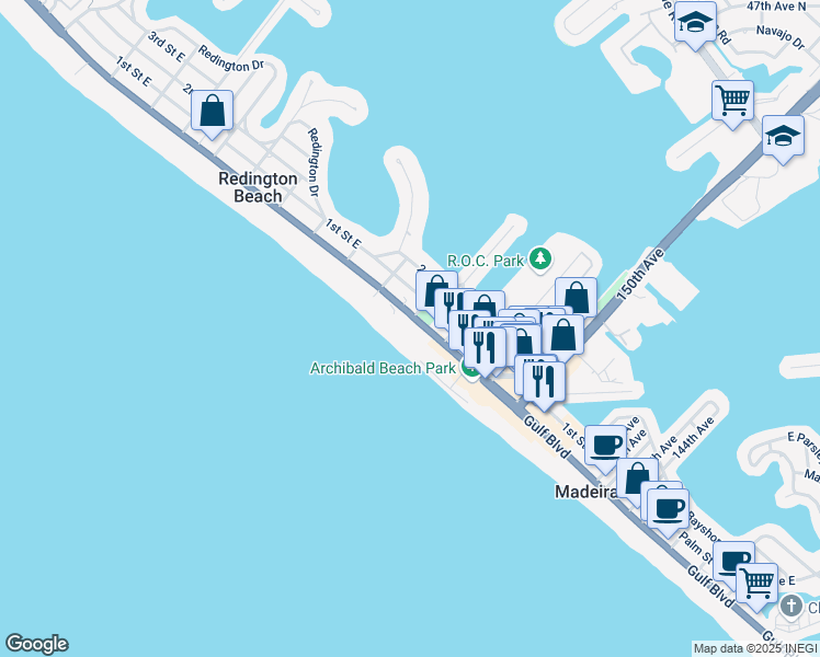 map of restaurants, bars, coffee shops, grocery stores, and more near 15400 Gulf Boulevard in Madeira Beach