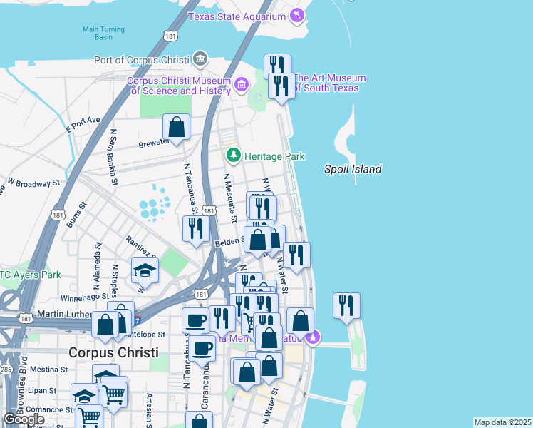 map of restaurants, bars, coffee shops, grocery stores, and more near 1305 North Water Street in Corpus Christi