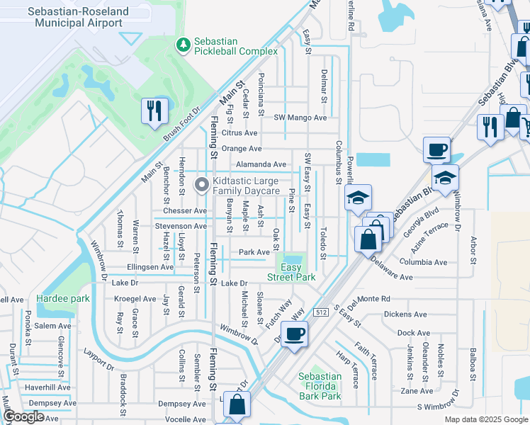 map of restaurants, bars, coffee shops, grocery stores, and more near 413 Ash Street in Sebastian