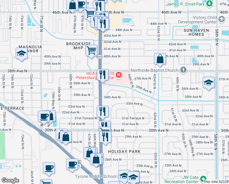 map of restaurants, bars, coffee shops, grocery stores, and more near 6514 34th Terrace North in St. Petersburg