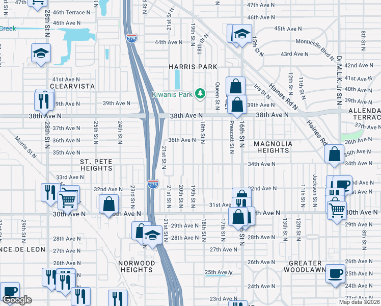 map of restaurants, bars, coffee shops, grocery stores, and more near 3515 19th Street North in St. Petersburg