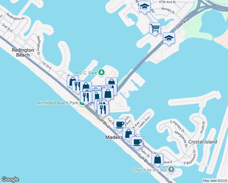 map of restaurants, bars, coffee shops, grocery stores, and more near 410 150th Avenue in Madeira Beach