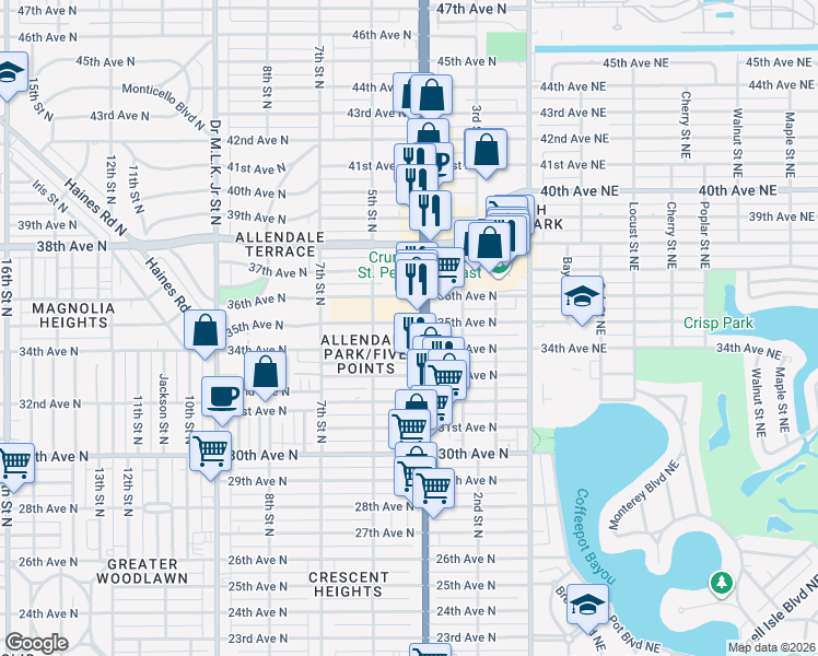 map of restaurants, bars, coffee shops, grocery stores, and more near 445 35th Avenue North in St. Petersburg