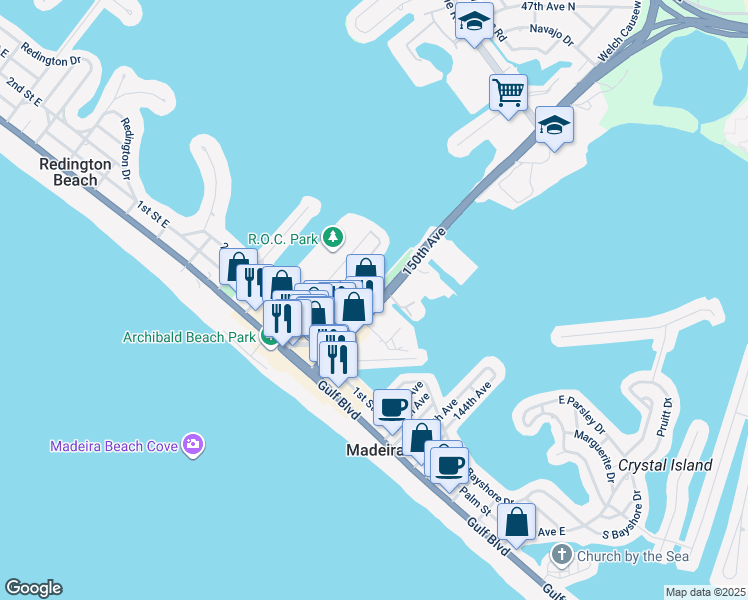 map of restaurants, bars, coffee shops, grocery stores, and more near 410 150th Avenue in Madeira Beach