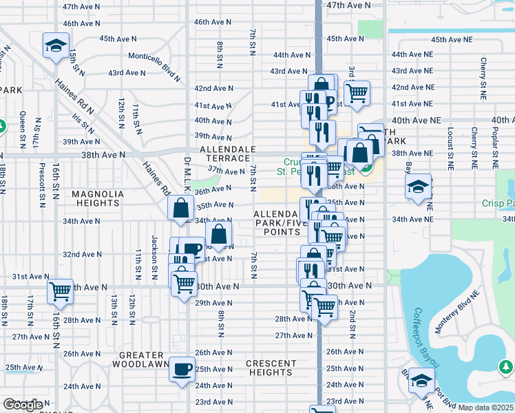 map of restaurants, bars, coffee shops, grocery stores, and more near 3501 7th Street North in St. Petersburg