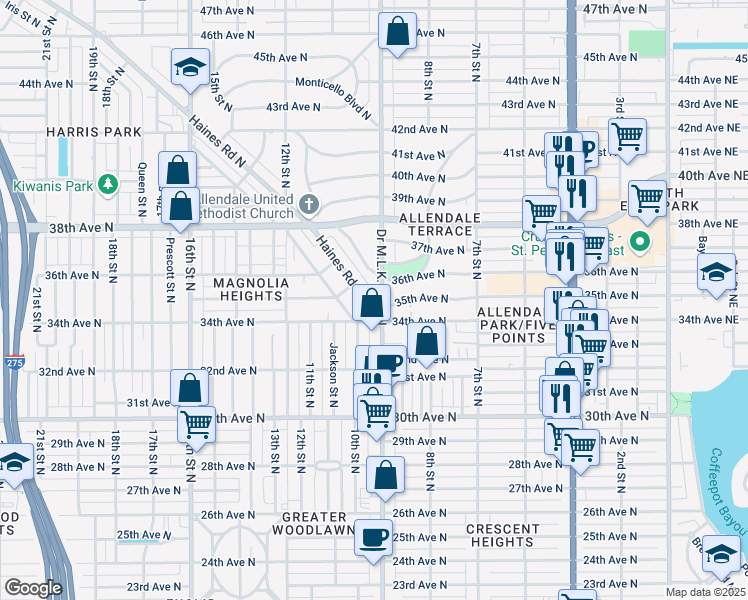 map of restaurants, bars, coffee shops, grocery stores, and more near 3510 Doctor Martin Luther King Junior Street North in St. Petersburg