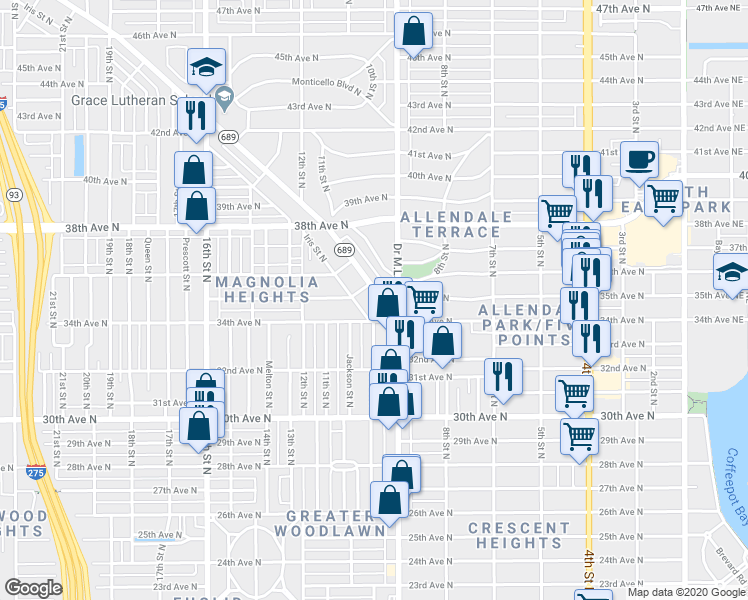 map of restaurants, bars, coffee shops, grocery stores, and more near 3459 Iris Street North in St. Petersburg