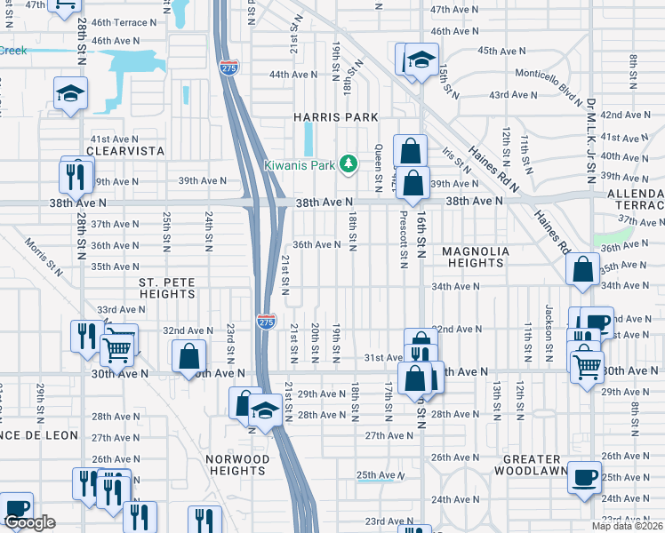 map of restaurants, bars, coffee shops, grocery stores, and more near 3515 19th Street North in St. Petersburg