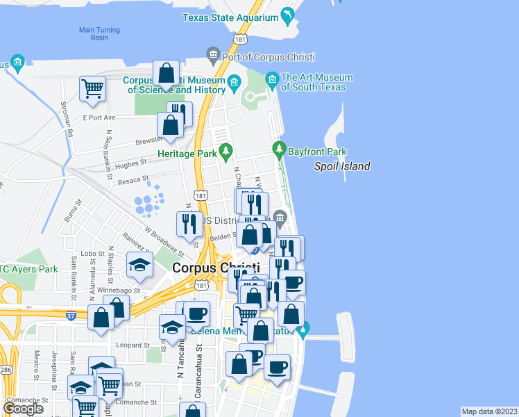 map of restaurants, bars, coffee shops, grocery stores, and more near 1305 North Water Street in Corpus Christi
