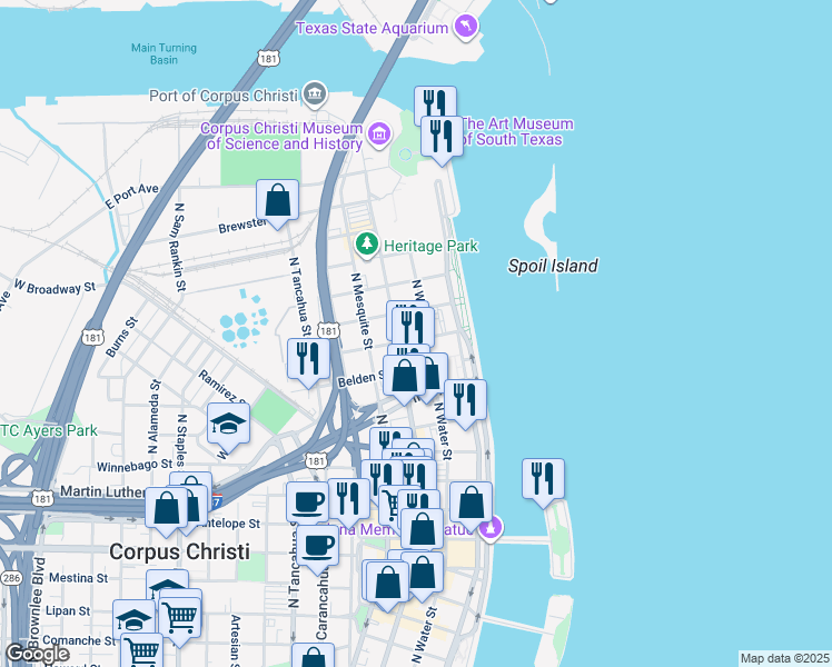 map of restaurants, bars, coffee shops, grocery stores, and more near 1305 North Water Street in Corpus Christi