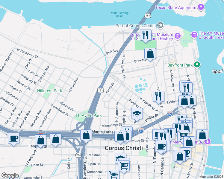 map of restaurants, bars, coffee shops, grocery stores, and more near 1513 Sam Rankin Street in Corpus Christi