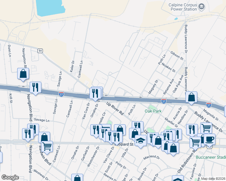 map of restaurants, bars, coffee shops, grocery stores, and more near 23 North Country Club Place in Corpus Christi