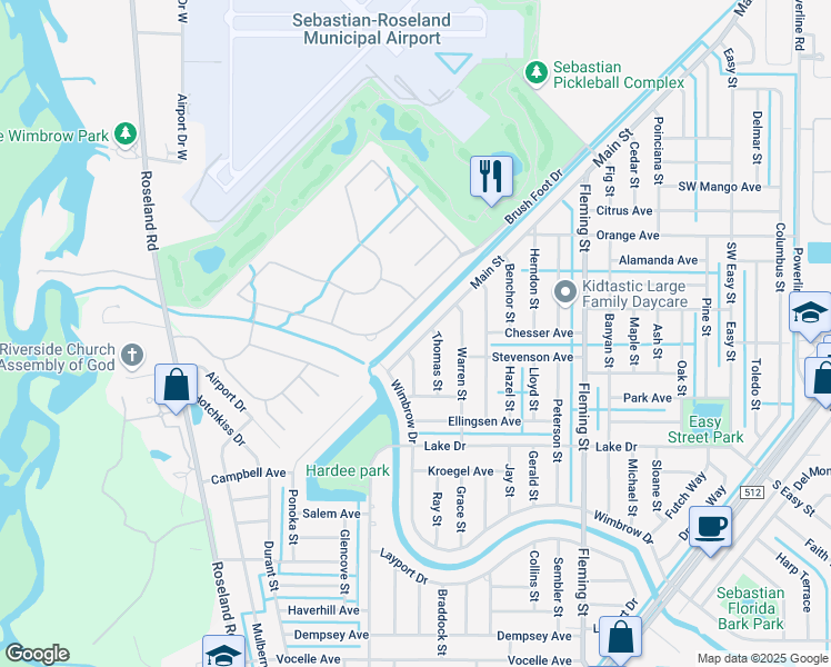 map of restaurants, bars, coffee shops, grocery stores, and more near 386 Main Street in Sebastian