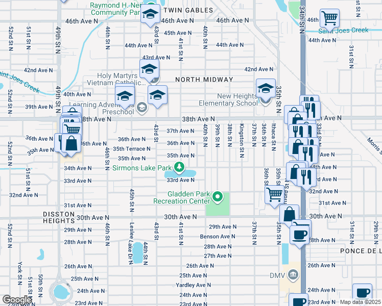 map of restaurants, bars, coffee shops, grocery stores, and more near 4051 35th Avenue North in Saint Petersburg