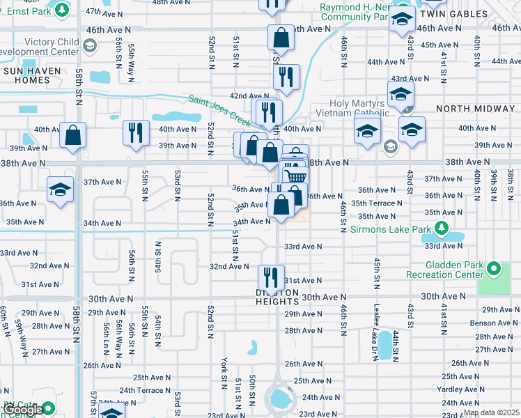 map of restaurants, bars, coffee shops, grocery stores, and more near 4944 35th Avenue North in Saint Petersburg