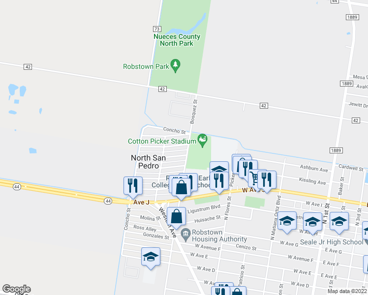 map of restaurants, bars, coffee shops, grocery stores, and more near 804 Chapa Street in Robstown