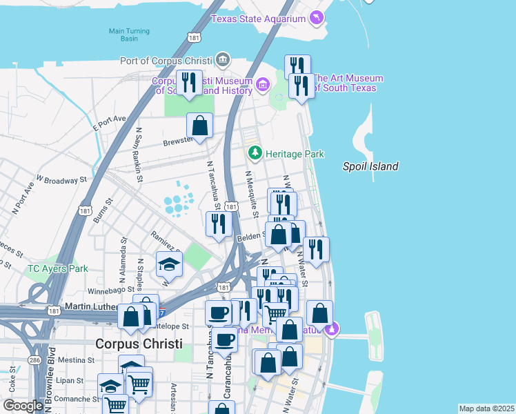 map of restaurants, bars, coffee shops, grocery stores, and more near 1315 North Chaparral Street in Corpus Christi