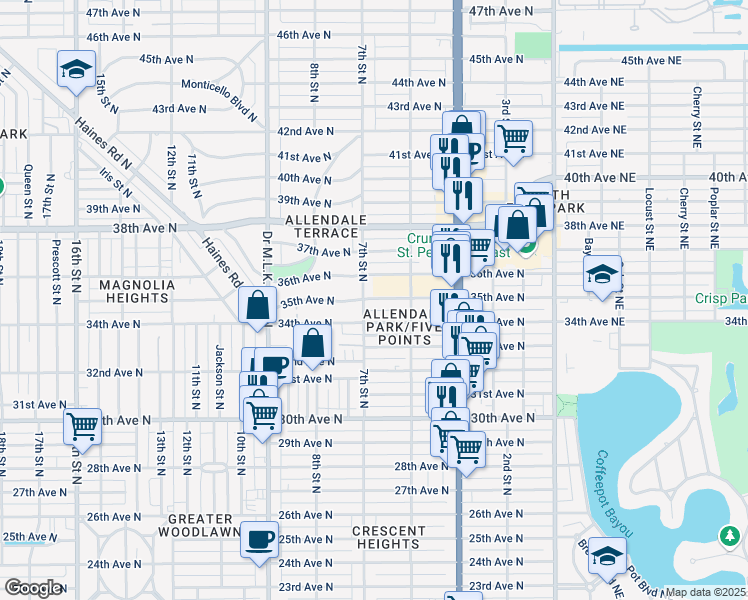 map of restaurants, bars, coffee shops, grocery stores, and more near 3501 7th Street North in St. Petersburg
