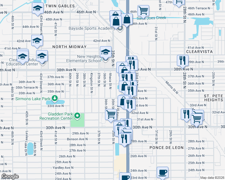 map of restaurants, bars, coffee shops, grocery stores, and more near 3512 35th Street North in St. Petersburg