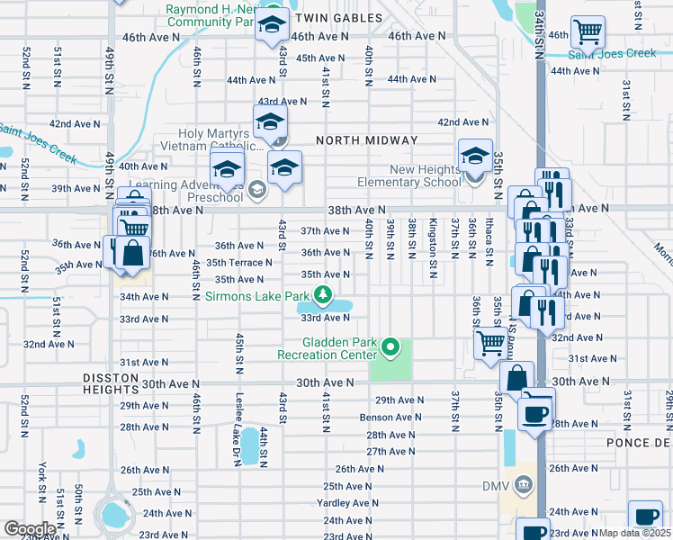 map of restaurants, bars, coffee shops, grocery stores, and more near 4051 35th Avenue North in St. Petersburg