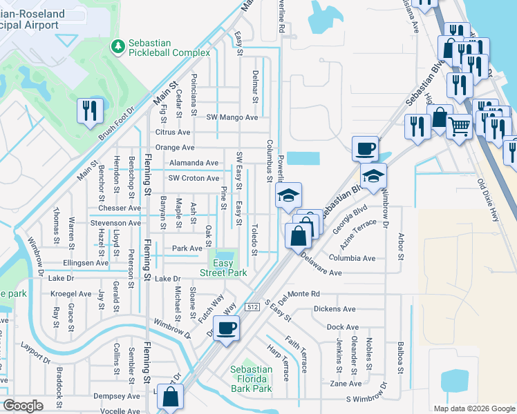 map of restaurants, bars, coffee shops, grocery stores, and more near 385 Toledo Street in Sebastian