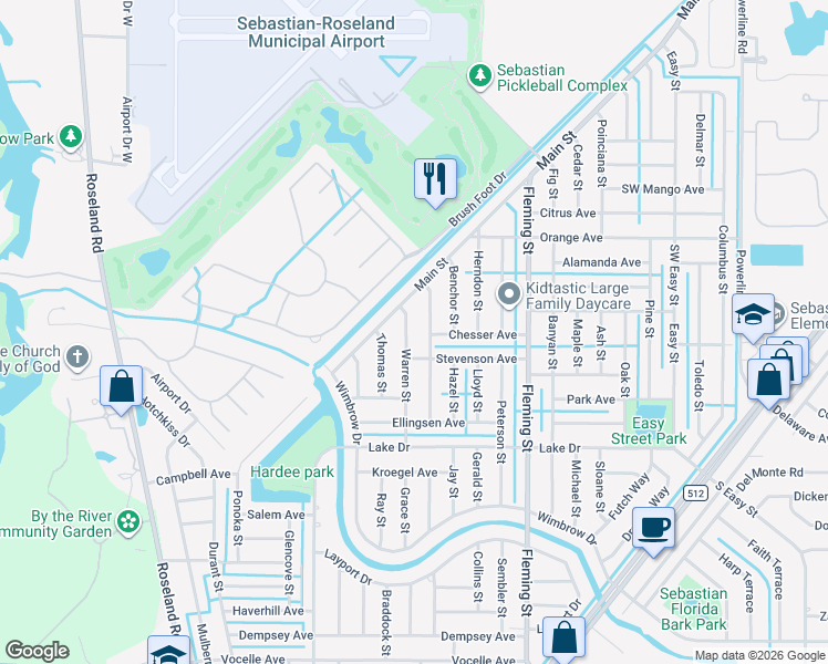 map of restaurants, bars, coffee shops, grocery stores, and more near 354 Warren Street in Sebastian
