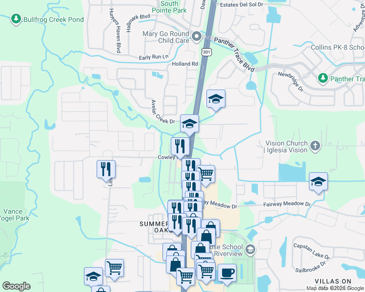 map of restaurants, bars, coffee shops, grocery stores, and more near 12804 Belvedere Song Way in Riverview