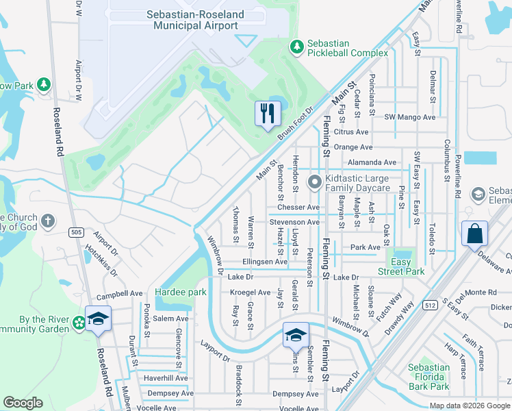 map of restaurants, bars, coffee shops, grocery stores, and more near 354 Warren Street in Sebastian